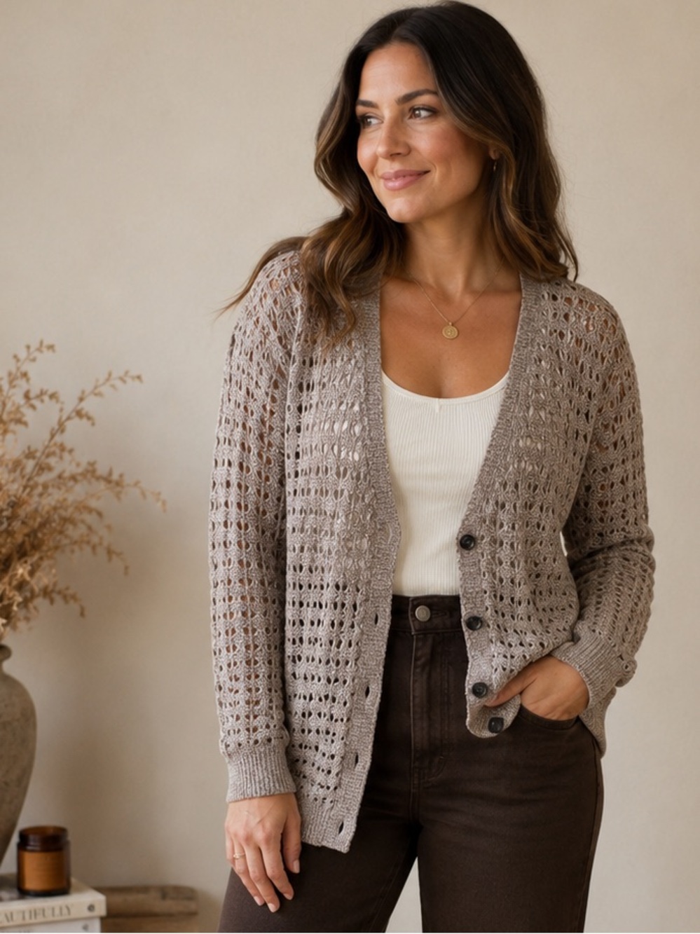 DKNY Jeans XL Open Knit Crochet Cardigan Taupe Button Front Boho Fall Sweater